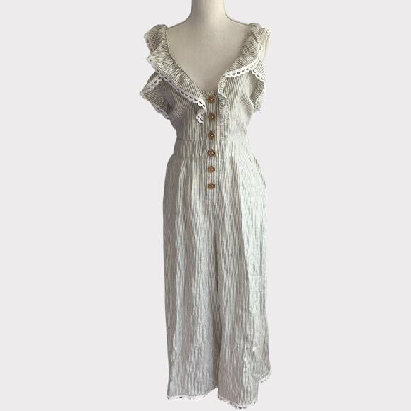 Stevie May Elm Pantsuit 100% Linen Wide Leg Jumpsuit Pin Stripe Eyelet Trim L - Picture 1 of 11